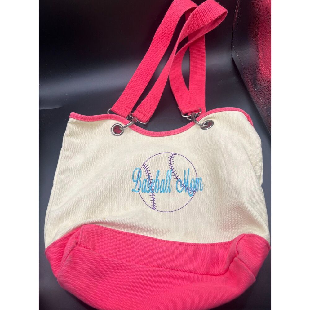 Thirty One Baseball Mom Canvas Crew Carry-All Pink Large Tote Bag Purse